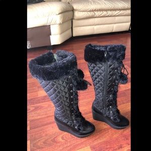 Black Knee High Fur Wedge Boot